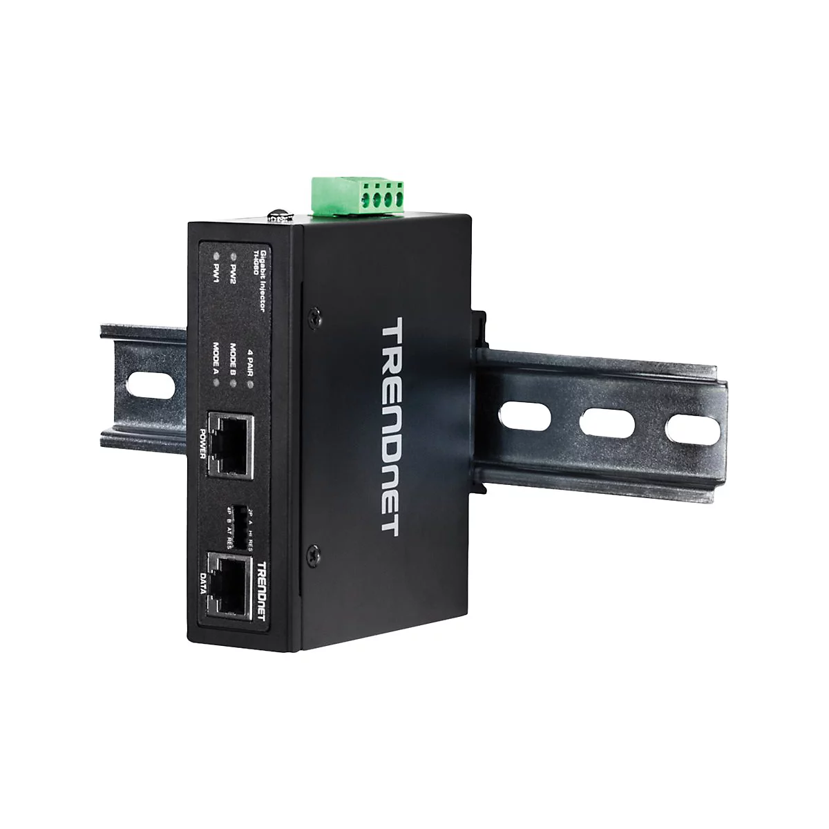Schwarzer Trendnet-Industrieprodukt mit Ethernet-Ports und grÃ¼nen Klemmen, montiert auf einer Schiene.