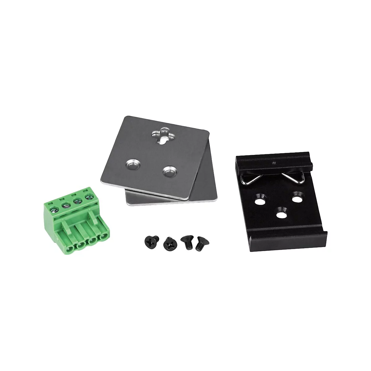 Verschiedene elektronische Komponenten, darunter ein grÃ¼ner Klemmenblock, Metallplatten und schwarze Halterungen.