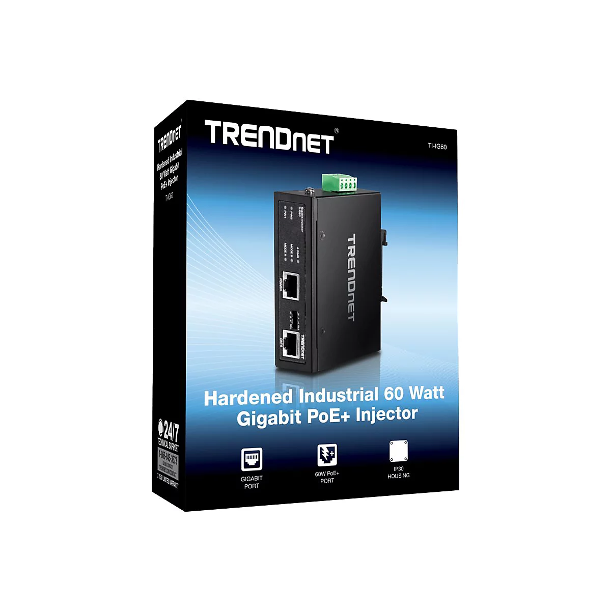 Ein schwarzer TRENDnet Gigabit PoE+ Injector, vor blauem Hintergrund, in der Originalverpackung.