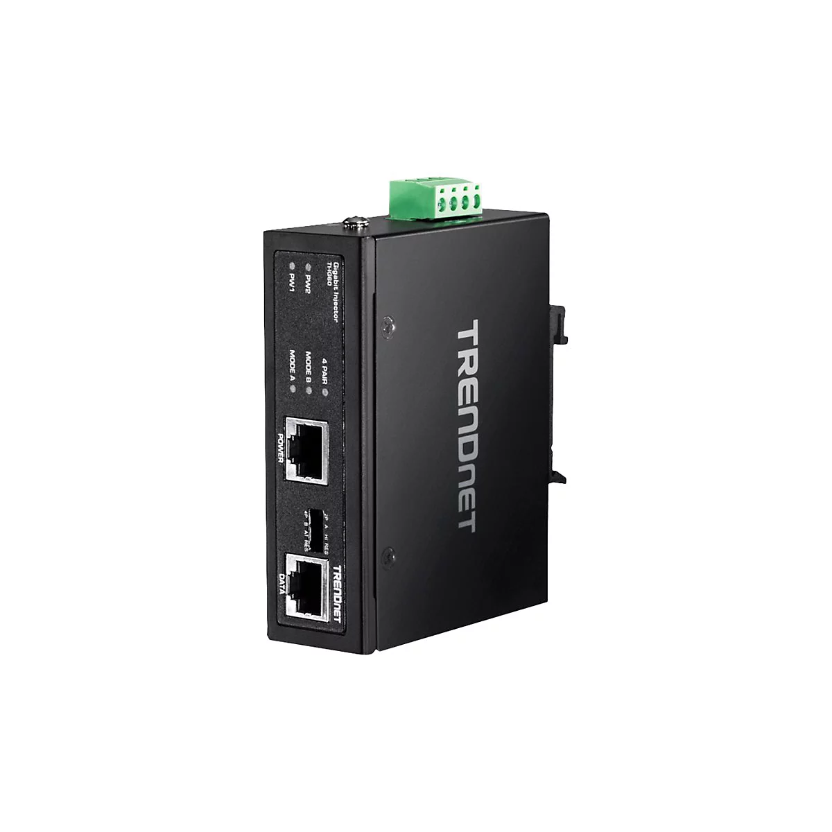 Schwarzer Trendnet Ethernet-Konverter mit zwei RJ45-AnschlÃ¼ssen und grÃ¼nen Anschlussklemmen. Aufschrift: Trendnet.