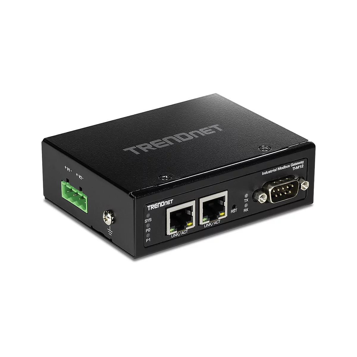Schwarzes Trendnet Industrial Modbus Gateway TI-M12 mit Netzwerkanschlüssen auf einem weißen Hintergrund.