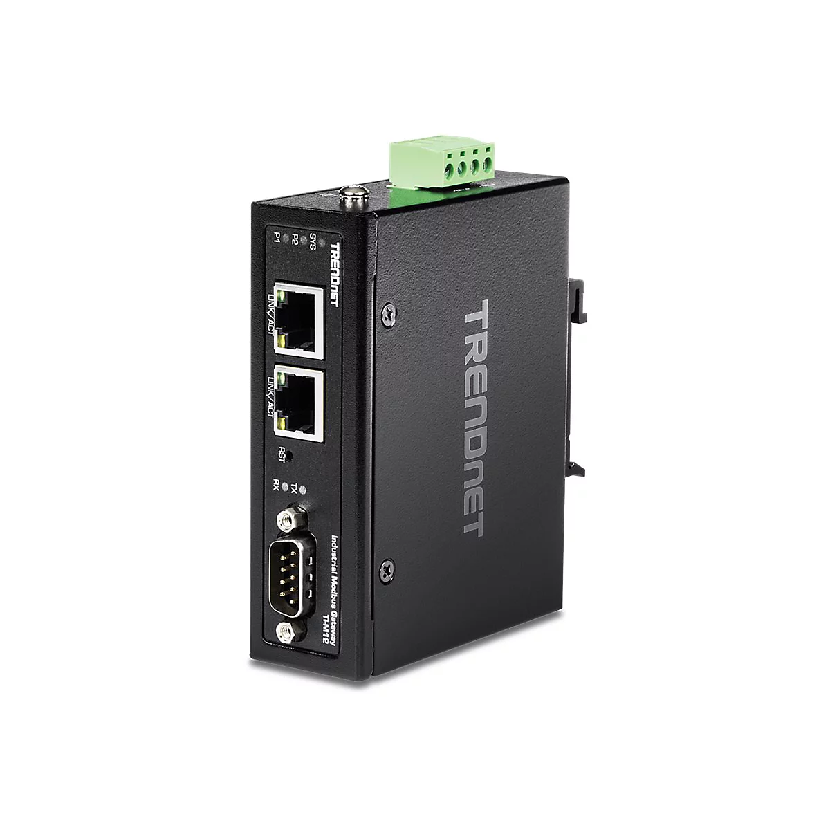 Schwarzes Trendnet Industrial Modbus Gateway mit LAN-Anschlüssen und serieller Schnittstelle auf weißem Grund.