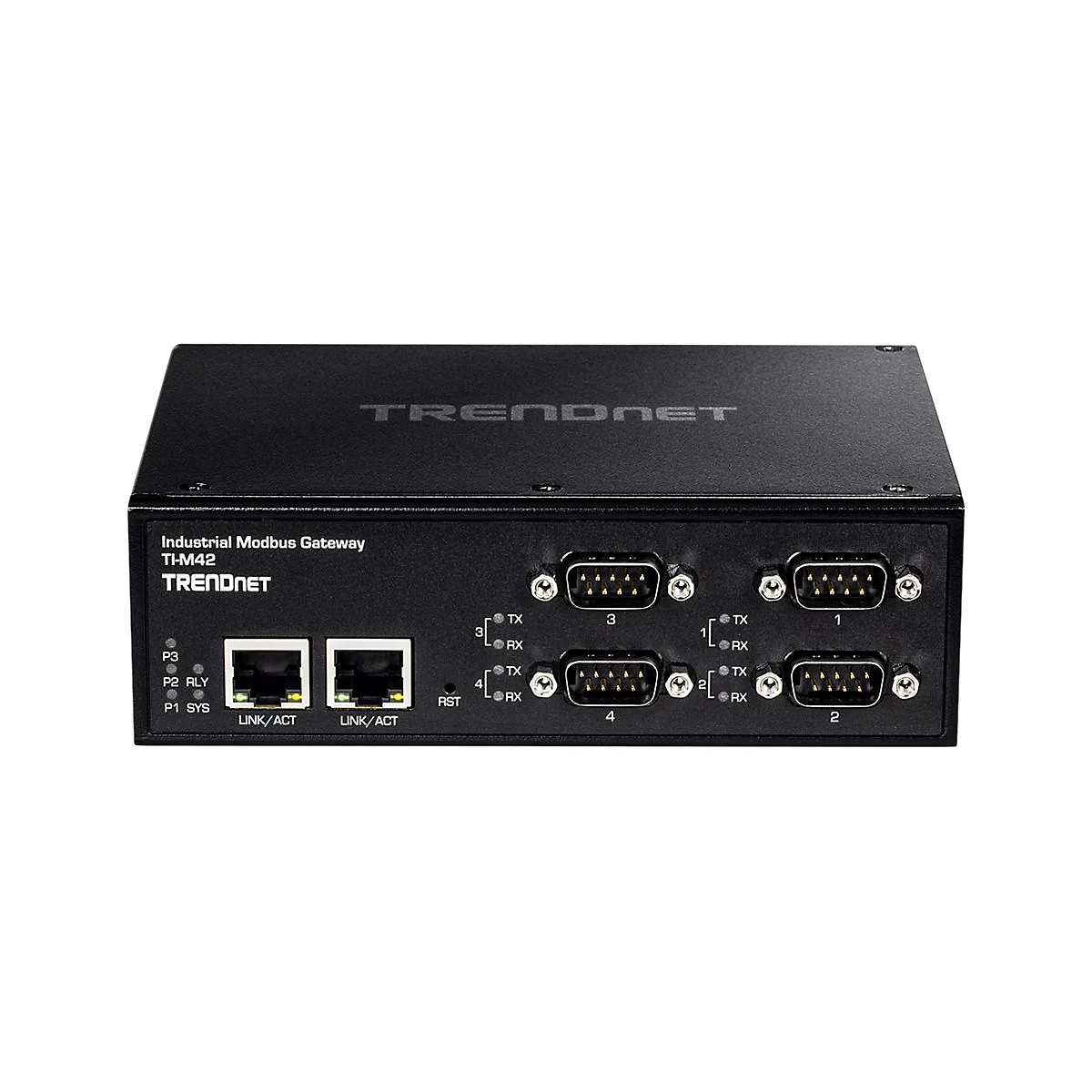 Schwarzer Trendnet Industrial Modbus Gateway TI-M42 mit Ethernet-Ports und seriellen Anschlüssen.