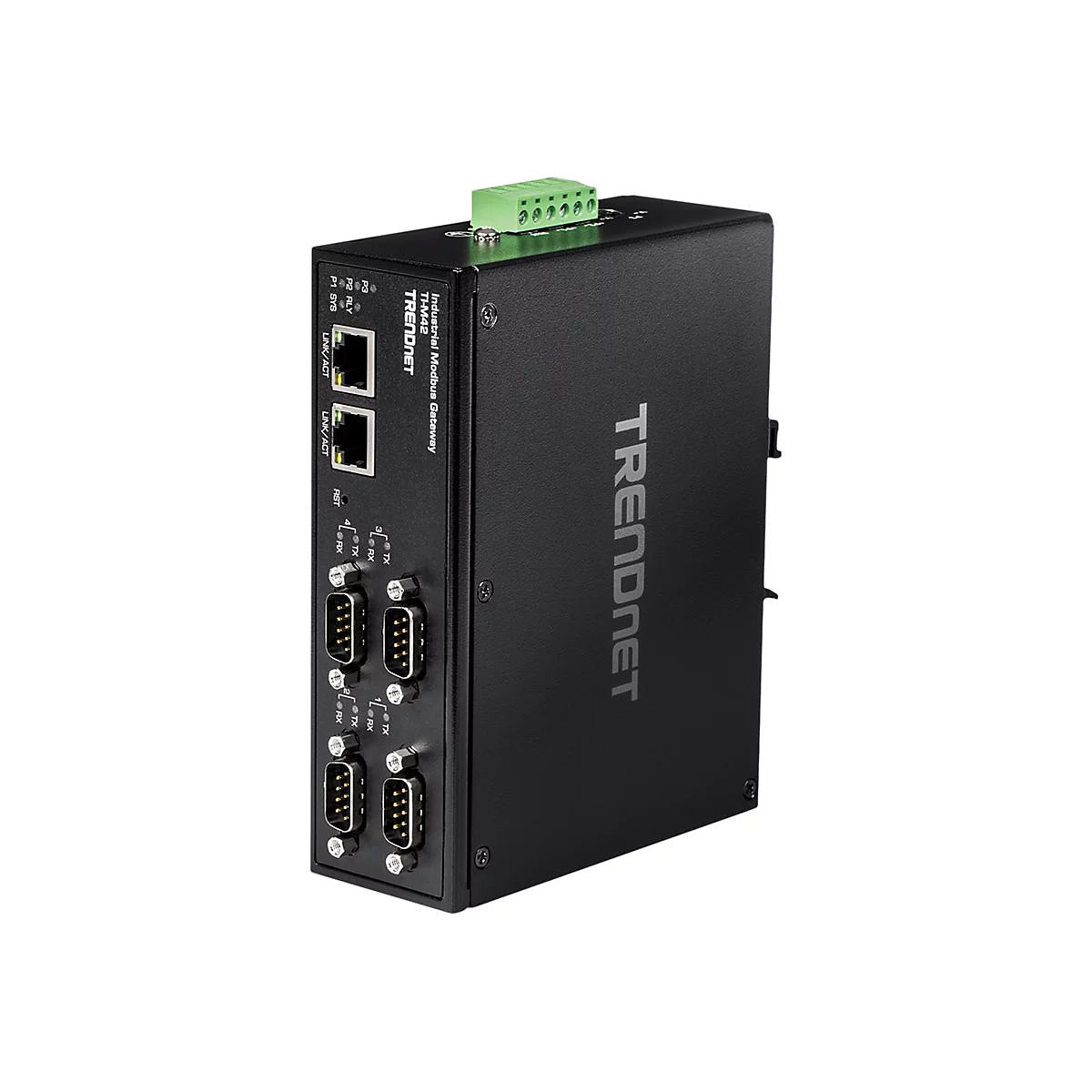 Schwarzes Trendnet Industrial Modbus Gateway TI-M42 mit Ethernet-Anschlüssen und seriellen Schnittstellen.