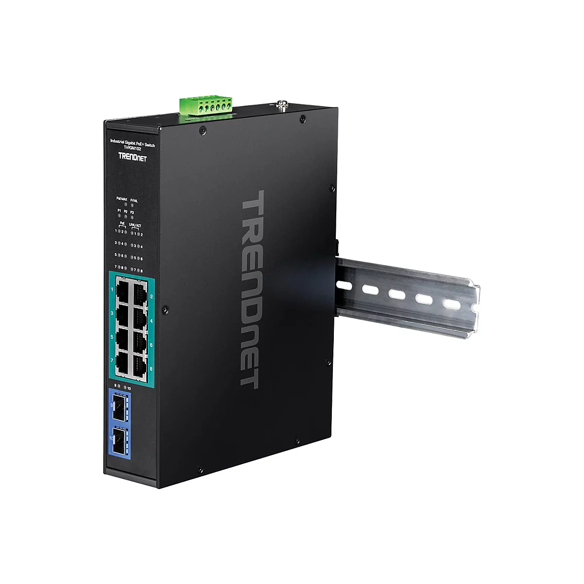Schwarzer Industrial Gigabit PoE+ Switch von Trendnet mit 10 Anschlüssen an einer DIN-Schiene montiert.