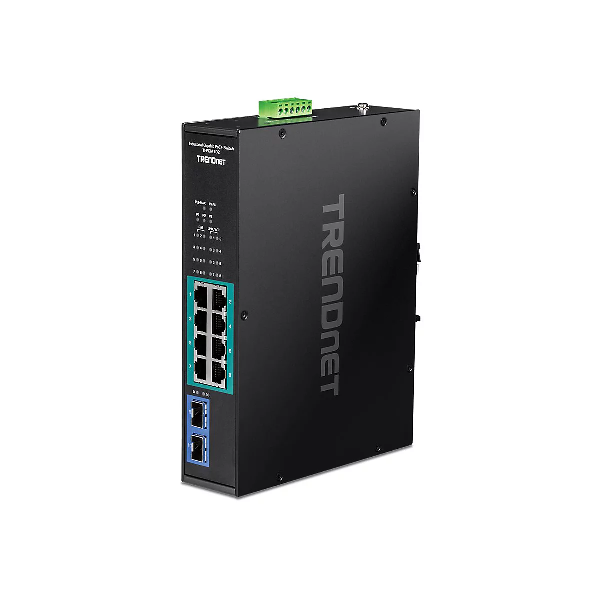 Schwarzer Industrial Gigabit PoE+ Switch TI-PGM102 von TRENDnet mit acht LAN-Ports und zwei SFP-Modulplätzen.