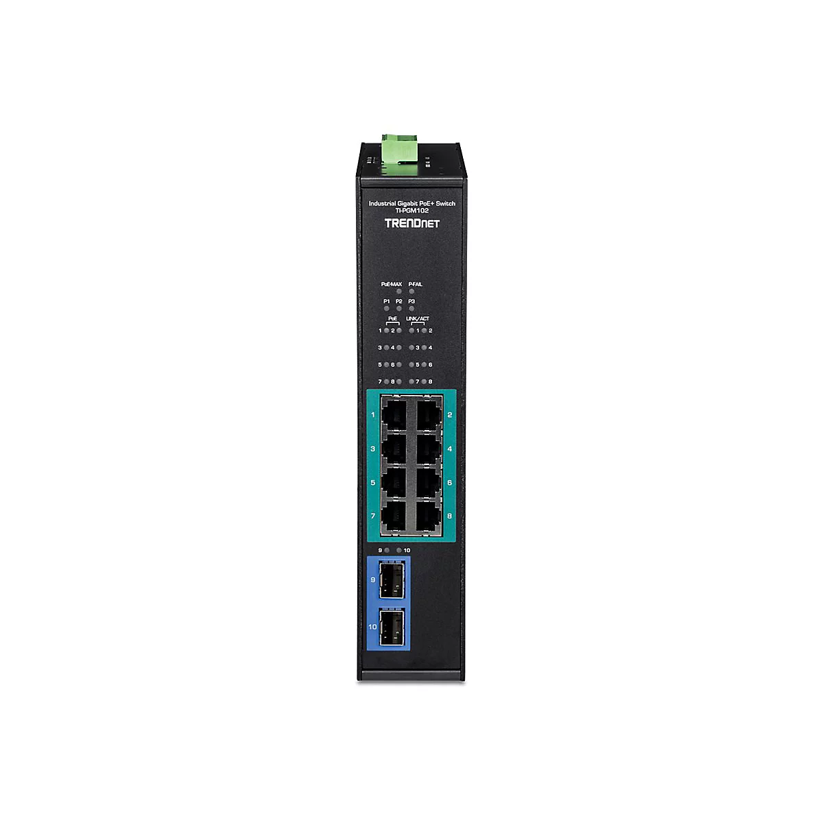 Schwarzer Industrial Gigabit PoE+ Switch TI-PGM102 von TRENDnet mit acht RJ45- und zwei SFP-Ports.