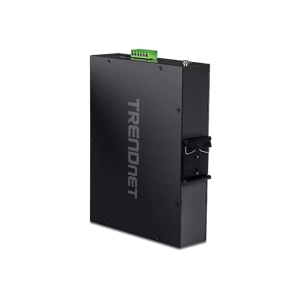 Schwarzes Industrie-Netzteil von TRENDnet mit grüner Anschlussklemme und seitlicher Montagehalterung.