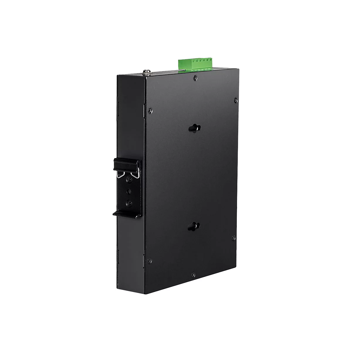 Schwarzes rechteckiges Elektronikgehäuse mit Befestigungsschienen und grünem Steckanschluss vor weißem Hintergrund.