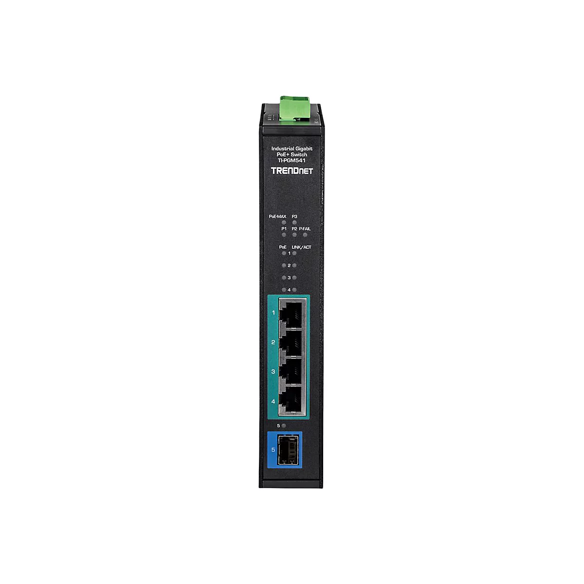 Schwarzer Industrial Gigabit PoE+ Switch TI-PGM541 von TRENDnet mit Ethernet- und Glasfaser-Ports.