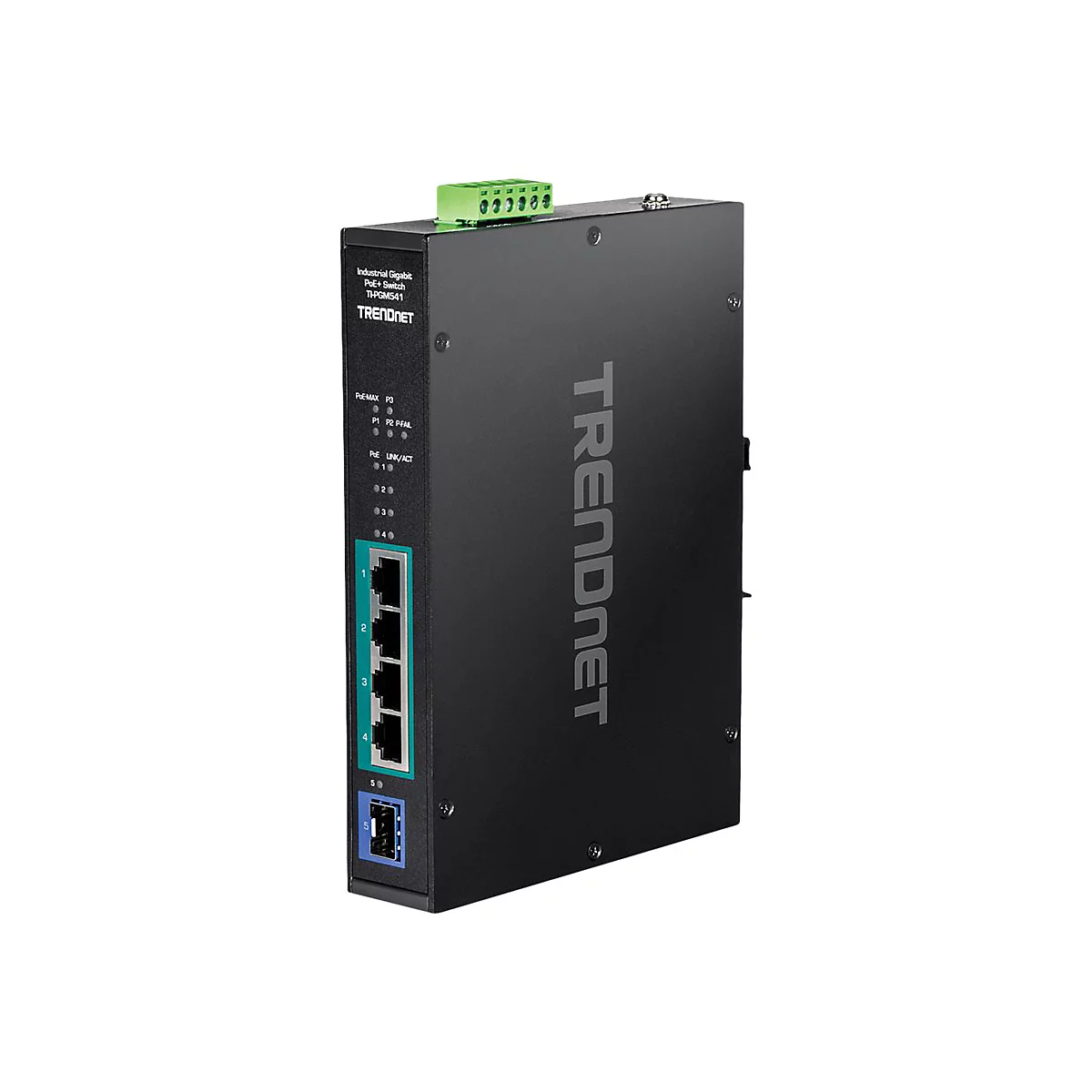 Schwarzer, industrieller TRENDnet Gigabit PoE+ Switch vor weißem Hintergrund.