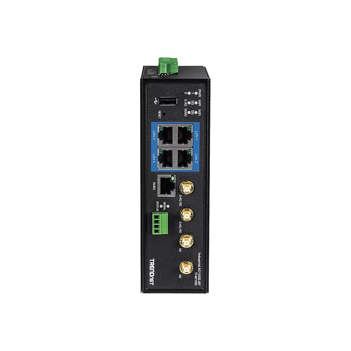 Schwarzer Industrie-WLAN-Zugangspunkt von TRENDnet mit Ethernet-Anschlüssen, Antennenanschlüssen und Status-LEDs.