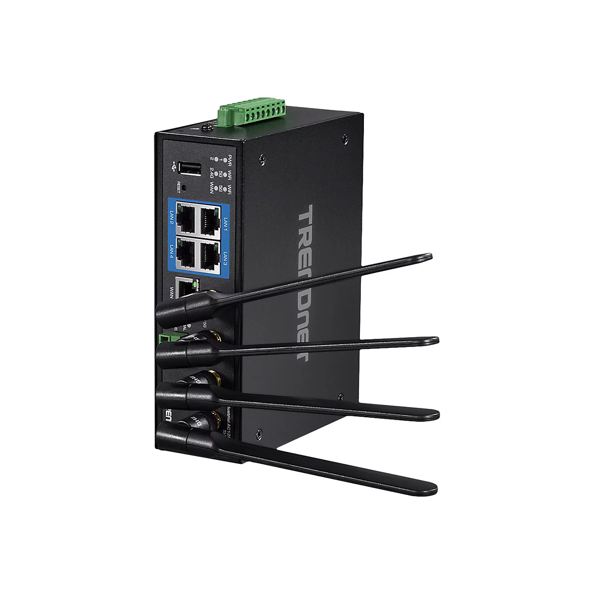 Schwarzer industrieller WLAN-Router mit vier Antennen und LAN-Anschlüssen vor weißem Hintergrund.