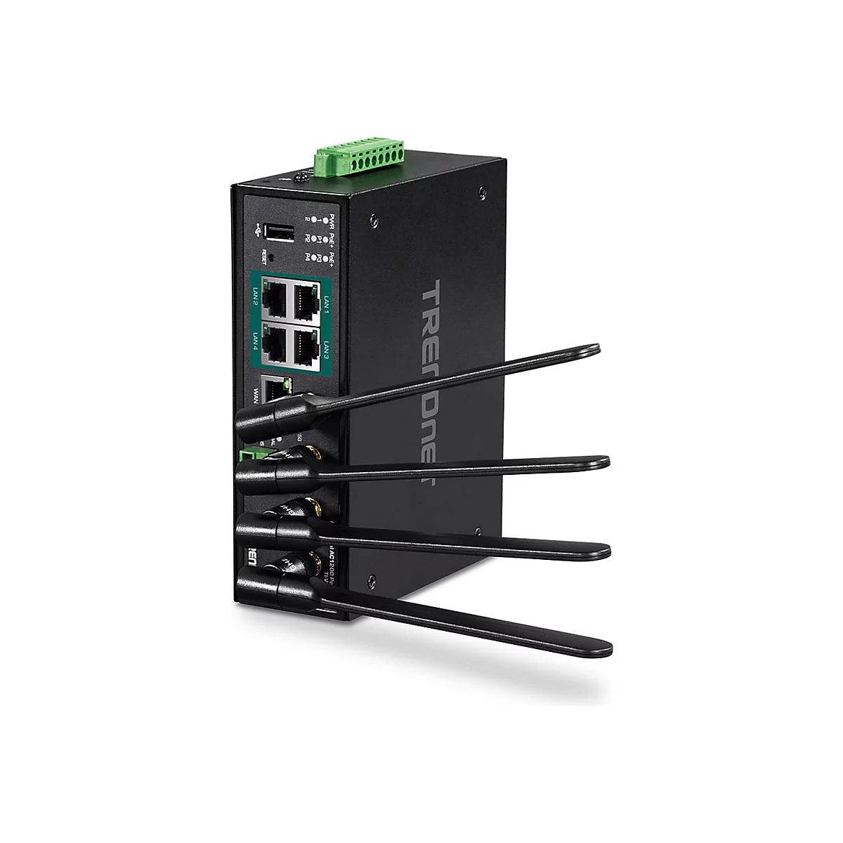 Schwarzer industrieller WLAN-Router von TRENDnet mit vier Antennen vor weißem Hintergrund.