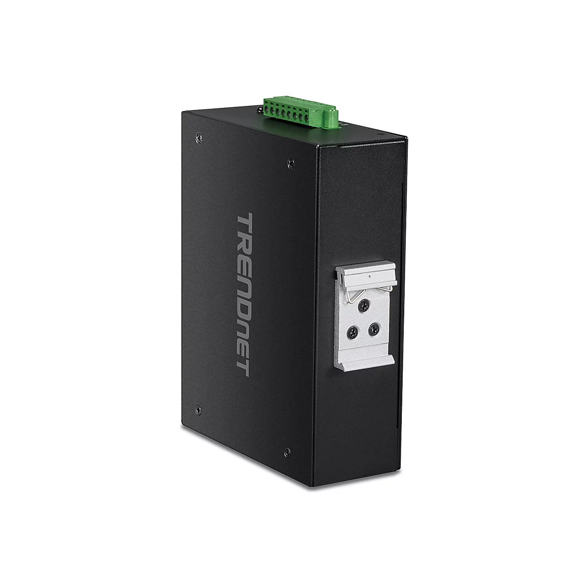 Schwarzes Trendnet Industrie-Netzteil in Metallgehäuse mit Hutschiene-Halterung und grünem Anschlussblock.