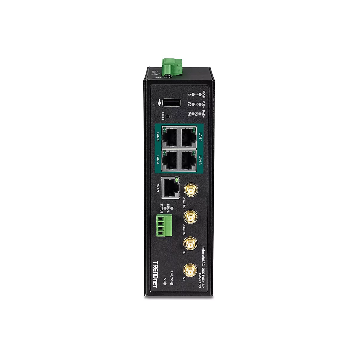 Industrieller TRENDnet AC1200 PoE+ Access Point mit LAN- und WAN-Anschlüssen sowie WLAN-Antennenanschlüssen.