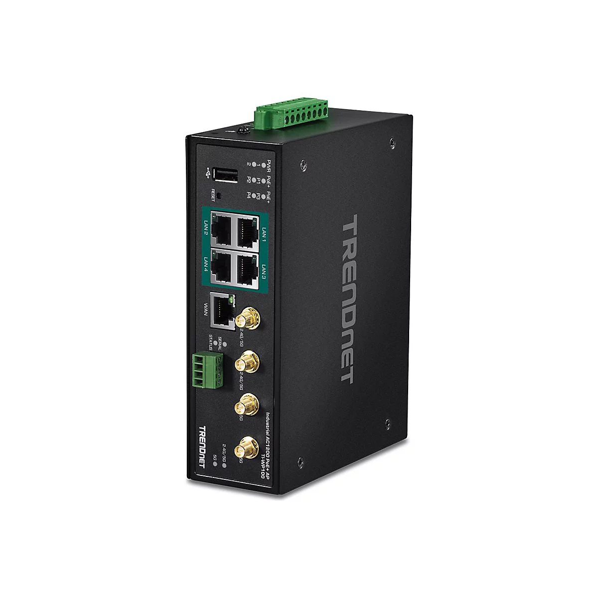 Schwarzer industrieller TRENDnet AC1200 PoE+ Access Point mit LAN-Anschlüssen, Antennenanschlüssen und grünem Klemmblock.