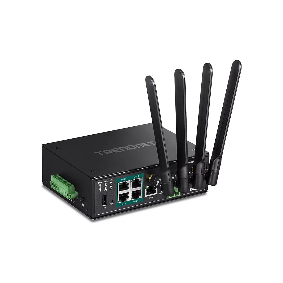 Schwarzer industrieller WLAN-Router von TRENDNET mit vier Antennen und LAN-Anschlüssen.