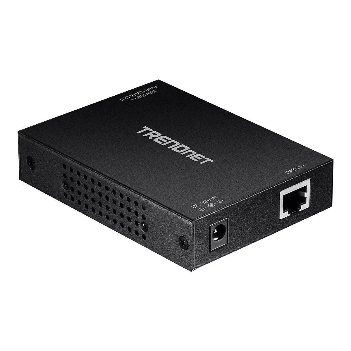 Schwarzer TRENDnet-Ethernet-Konverter, Kabelanschluss, Text und Produktbezeichnung. Rechteckiges Design, Perspektive.