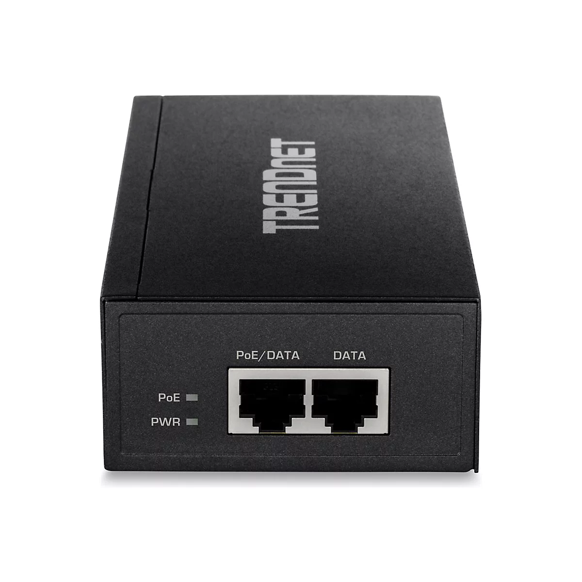 Schwarzer TRENDnet PoE-Adapter mit zwei LAN-AnschlÃ¼ssen. Aufschrift: PoE/DATA, DATA.