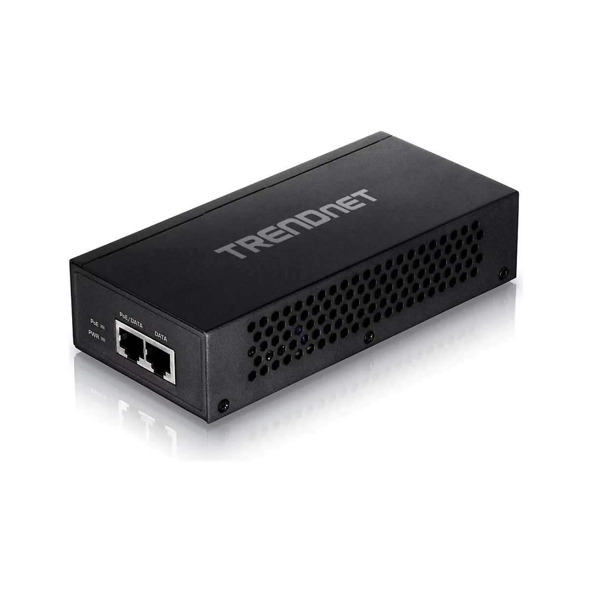 Schwarzer TRENDnet PoE-Adapter. Zwei EingÃ¤nge, POE IN und DATA. LÃ¼ftungslÃ¶cher an der Seite.