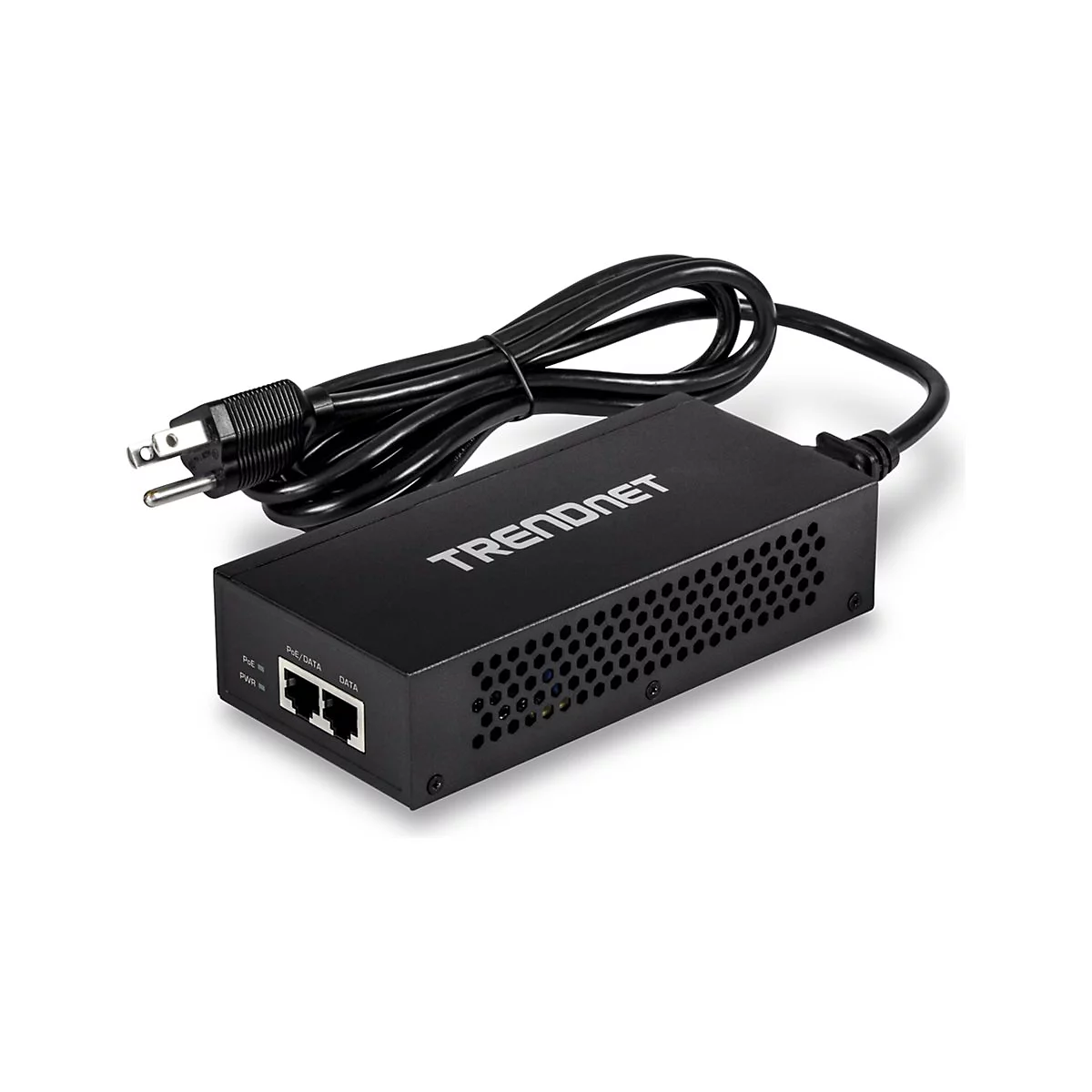 Schwarzes TRENDnet-Netzteil mit Stromkabel und zwei Ethernet-AnschlÃ¼ssen.
