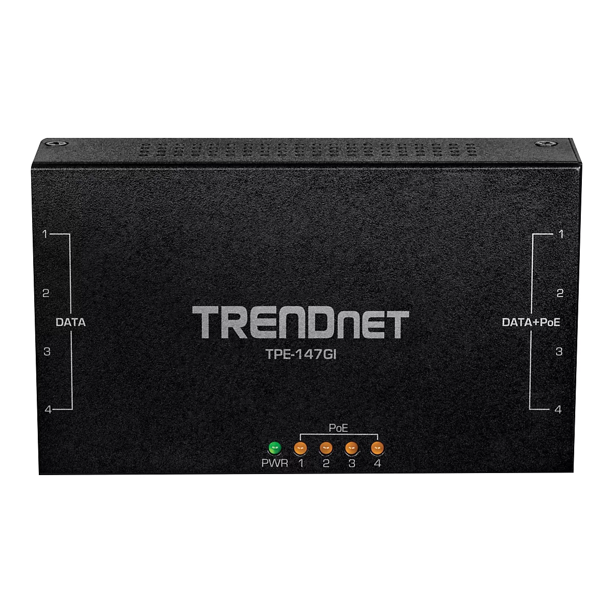 Schwarzer TRENDnet TPE-147GI PoE-Switch. Mit AnschlÃ¼ssen, LED-Leuchten und Beschriftung.