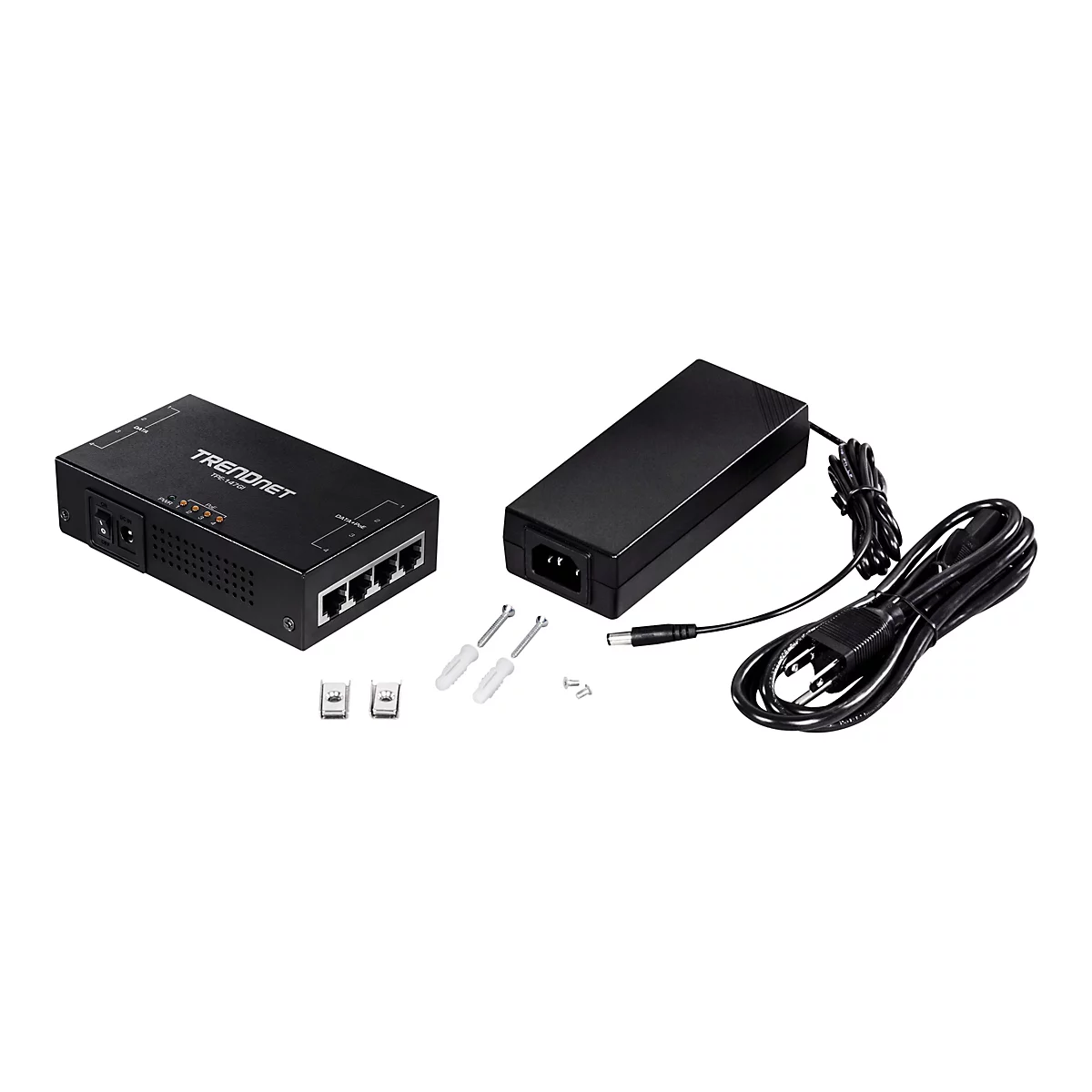 Schwarzer Netzwerk-Switch mit Netzteil, Schrauben und DÃ¼beln.