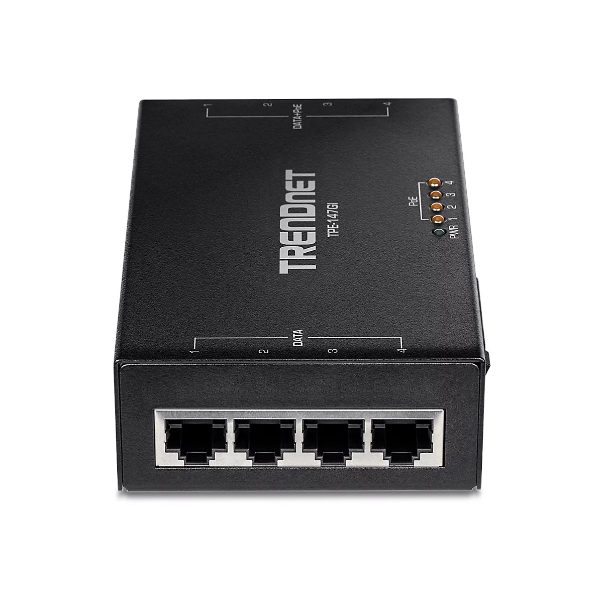 Schwarzer Netzwerk Switch mit Trendnet-Logo und 4 RJ45-AnschlÃ¼ssen.