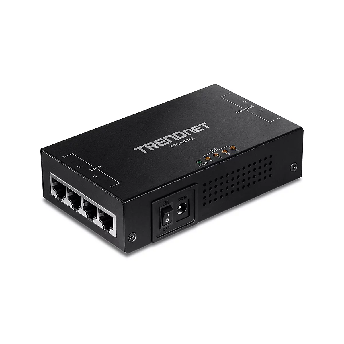 Schwarzer Trendnet-Ethernet-Switch. Das GerÃ¤t besitzt AnschlÃ¼sse, einen Ein-/Ausschalter und Kontrollleuchten.