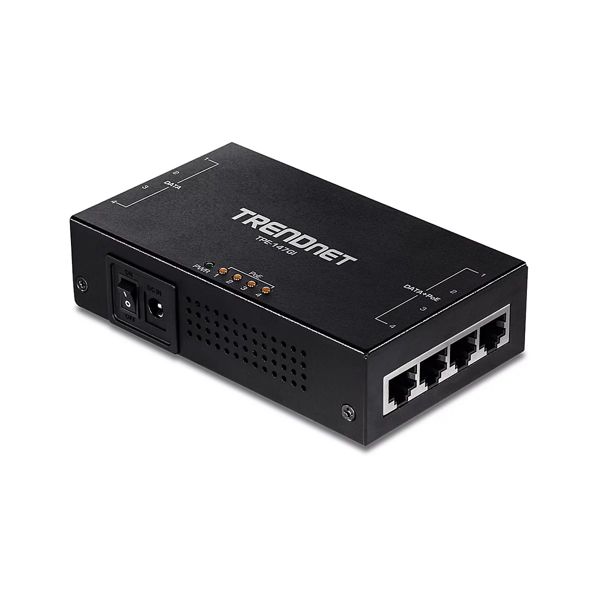 Schwarzer Trendnet Switch. Aufschrift: TRENDnet TPE-T470R, mit 4 LAN-AnschlÃ¼ssen und Power-Port.