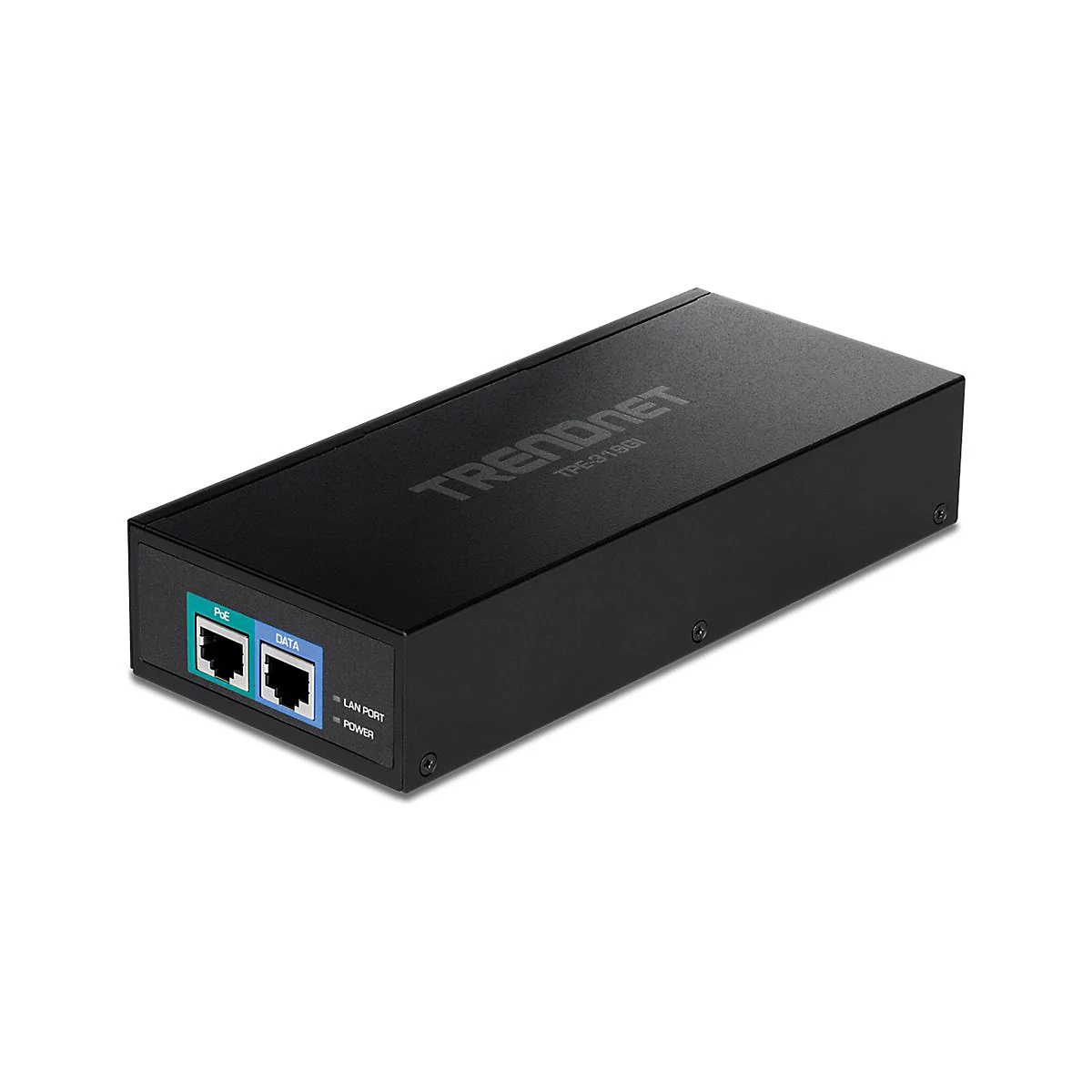 Schwarzer TRENDnet-Netzwerkadapter mit AnschlÃ¼ssen fÃ¼r Strom und Daten.