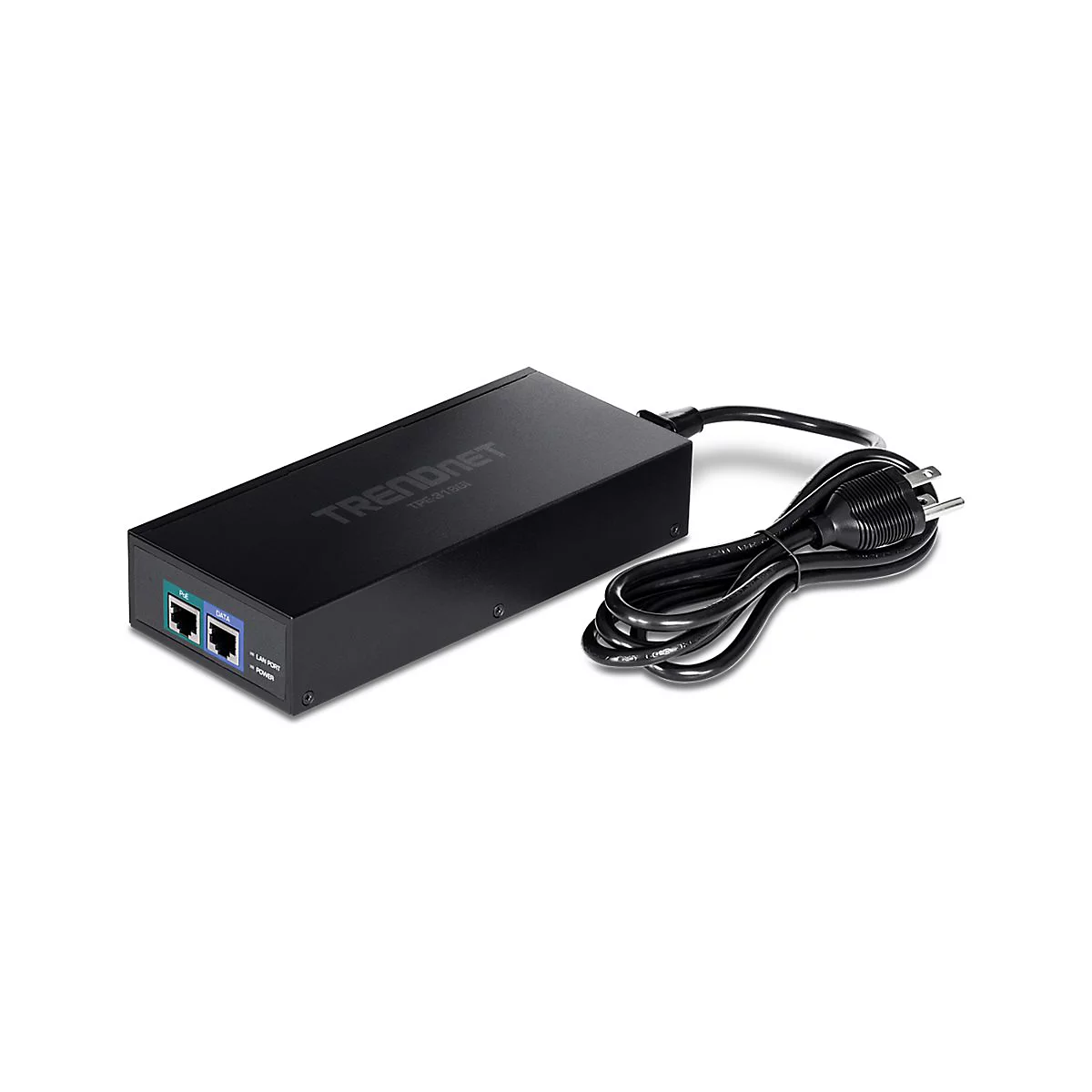Schwarzer Netzwerk-Switch mit Kabel und Stecker. Links zwei Buchsen, rechts der Schriftzug TRENDnet.