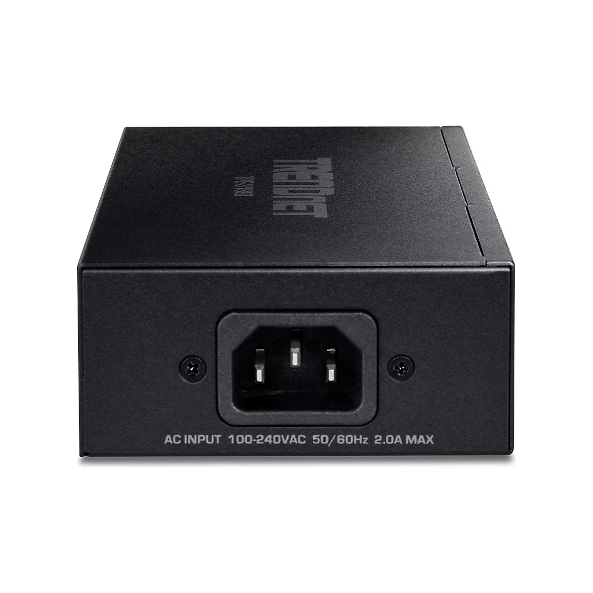 Nahaufnahme des RÃ¼ckseitenanschlusses eines schwarzen elektronischen GerÃ¤ts. Aufgedruckter Text, AC INPUT 100-240VAC 50/60Hz 2.0A MAX.
