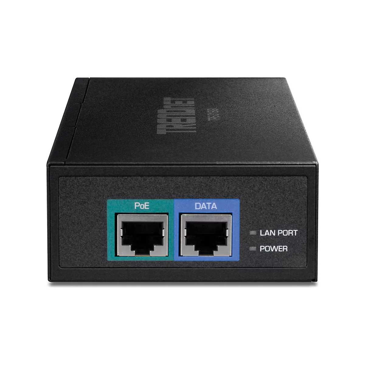 Schwarzer PoE-Adapter. Zwei Ports mit Aufschriften: PoE und DATA. Beschriftung LAN PORT und POWER daneben.
