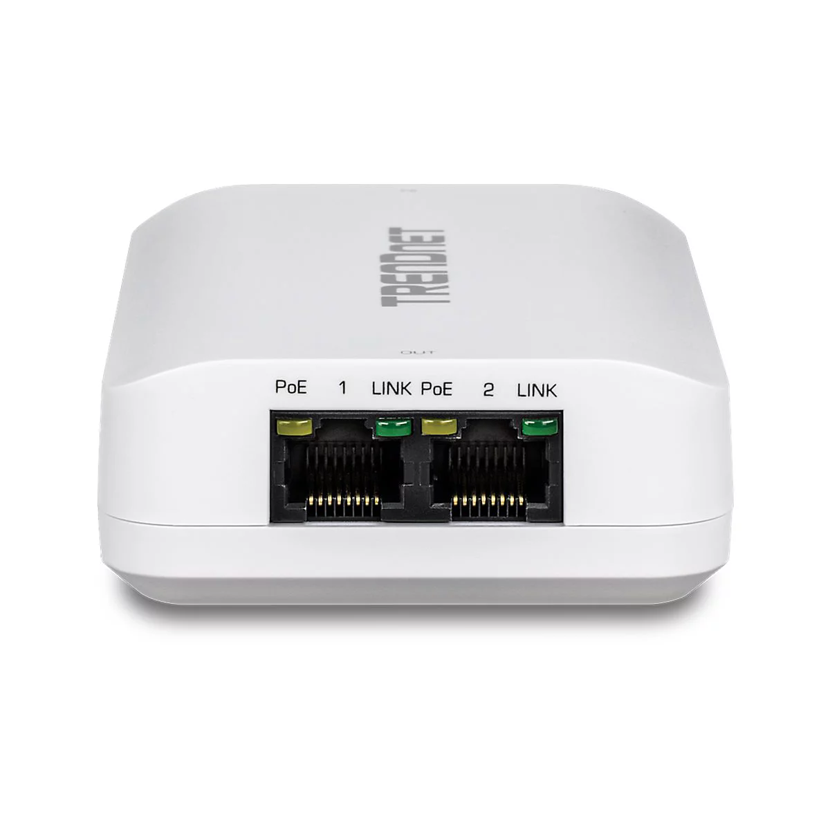 Weißer TRENDnet Netzwerk-Extender mit zwei RJ45-Ports und LED-Anzeigen für PoE und Link auf weißem Hintergrund.