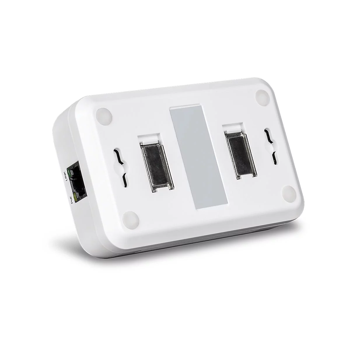 Weiße Rückseite eines Netzwerkgeräts mit zwei Metallschienen, Montageöffnungen und einem Ethernet-Anschluss.
