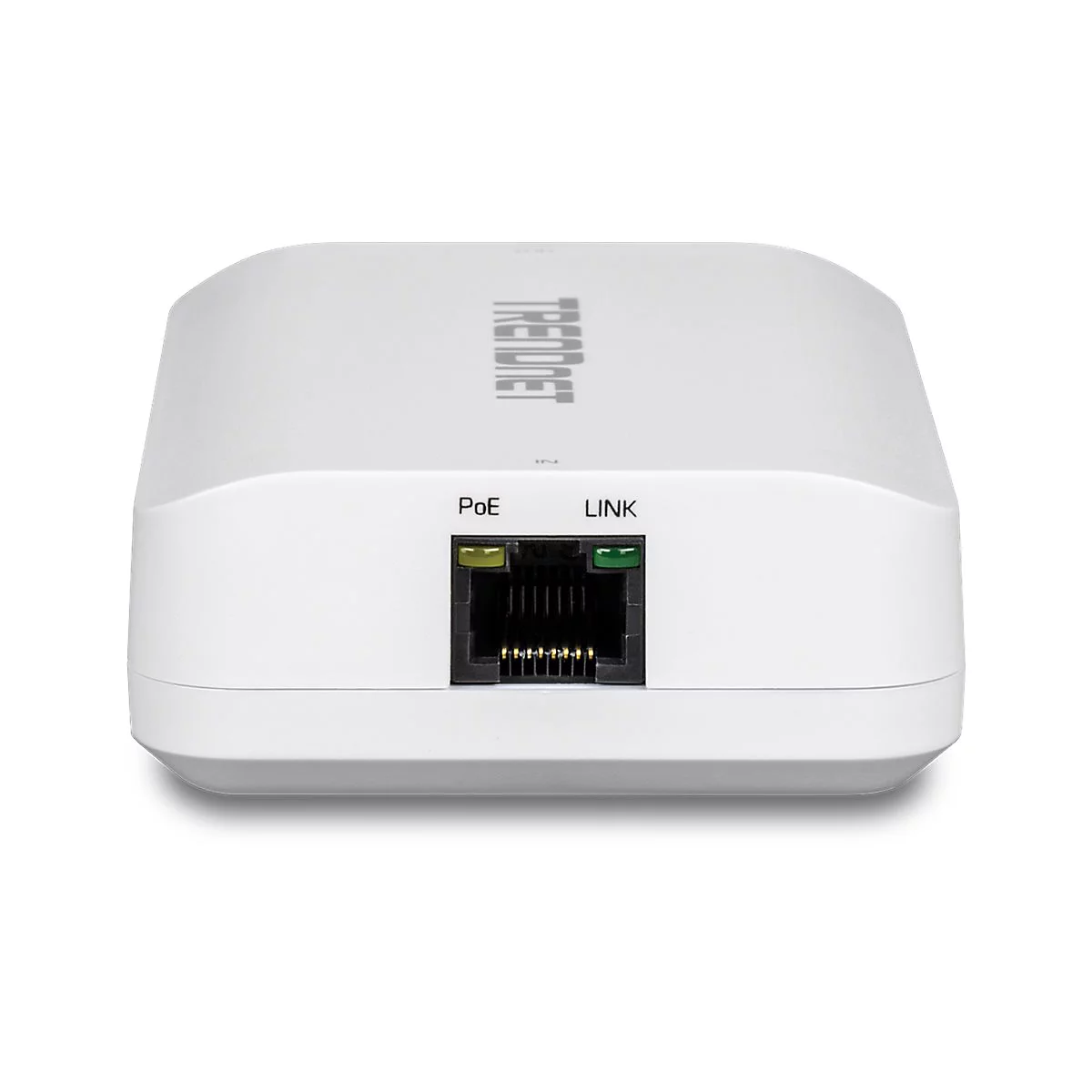 Weißer TRENDnet Netzwerk-Adapter mit zentralem Ethernet-Port und zwei Status-LEDs vor neutralem Hintergrund.