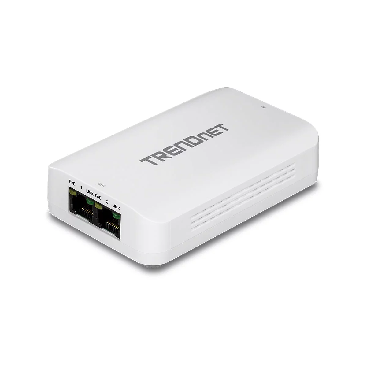 Weißer Trendnet PoE-Extender mit zwei RJ45-Ports und LED-Anzeigen auf weißem Hintergrund.