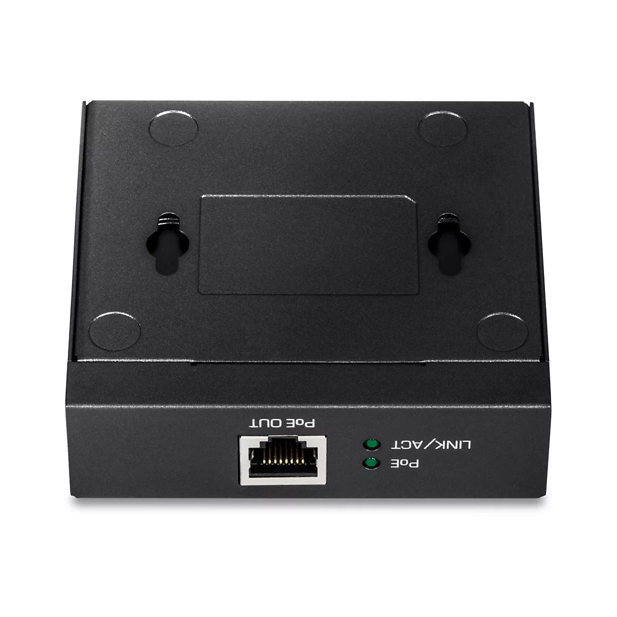 Schwarzes elektronisches GerÃ¤t mit AnschlÃ¼ssen und LEDs. Beschriftung: POE OUT, LINK/ACT, POE.