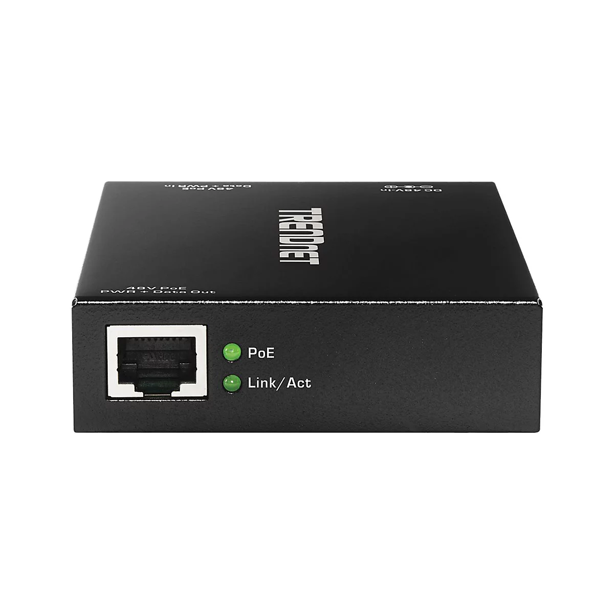Schwarzer PoE-Injektor mit Ethernet-Port, grÃ¼nen LEDs und SchriftzÃ¼gen.