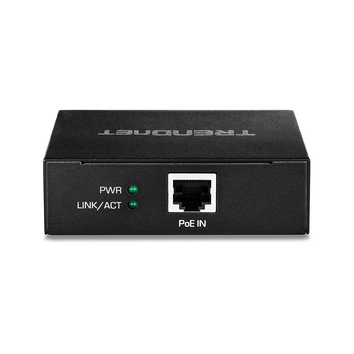 Schwarzer PoE-Injektor mit TRENDnet-Logo und zwei grÃ¼nen LEDs fÃ¼r Strom und AktivitÃ¤t. Ein RJ45-Anschluss ist deutlich zu sehen.