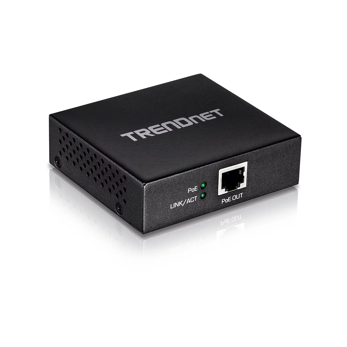 Schwarzer Trendnet PoE-Adapter mit Beschriftung, zwei grÃ¼nen LEDs, PoE-Ausgang und Netzwerkanschluss.