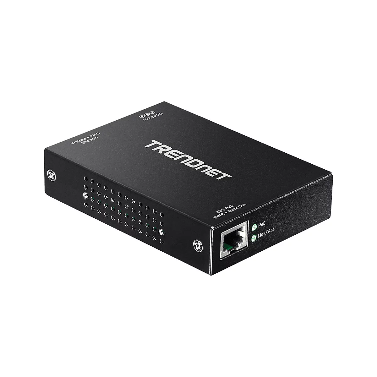 Schwarzer TRENDnet PoE-Adapter. Ein Ethernet-Port, daneben LEDs. Der Schriftzug TRENDnet ist deutlich sichtbar.