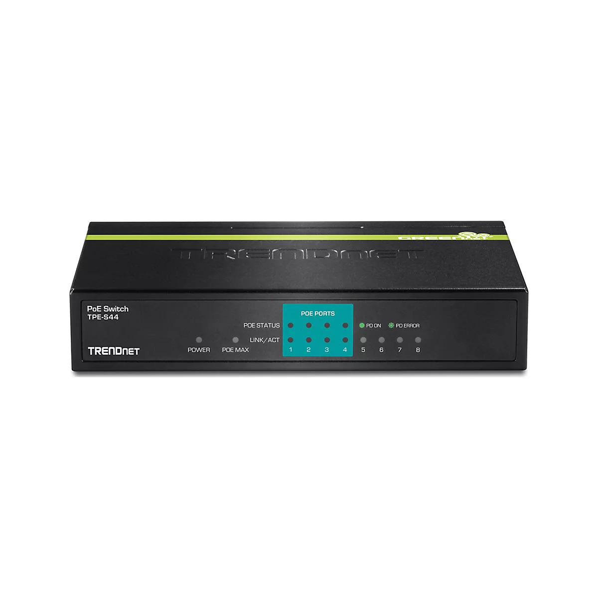 Schwarzer TRENDnet PoE-Switch TPE-S44 vor weißem Hintergrund mit Status-LEDs und Anschlüssen.