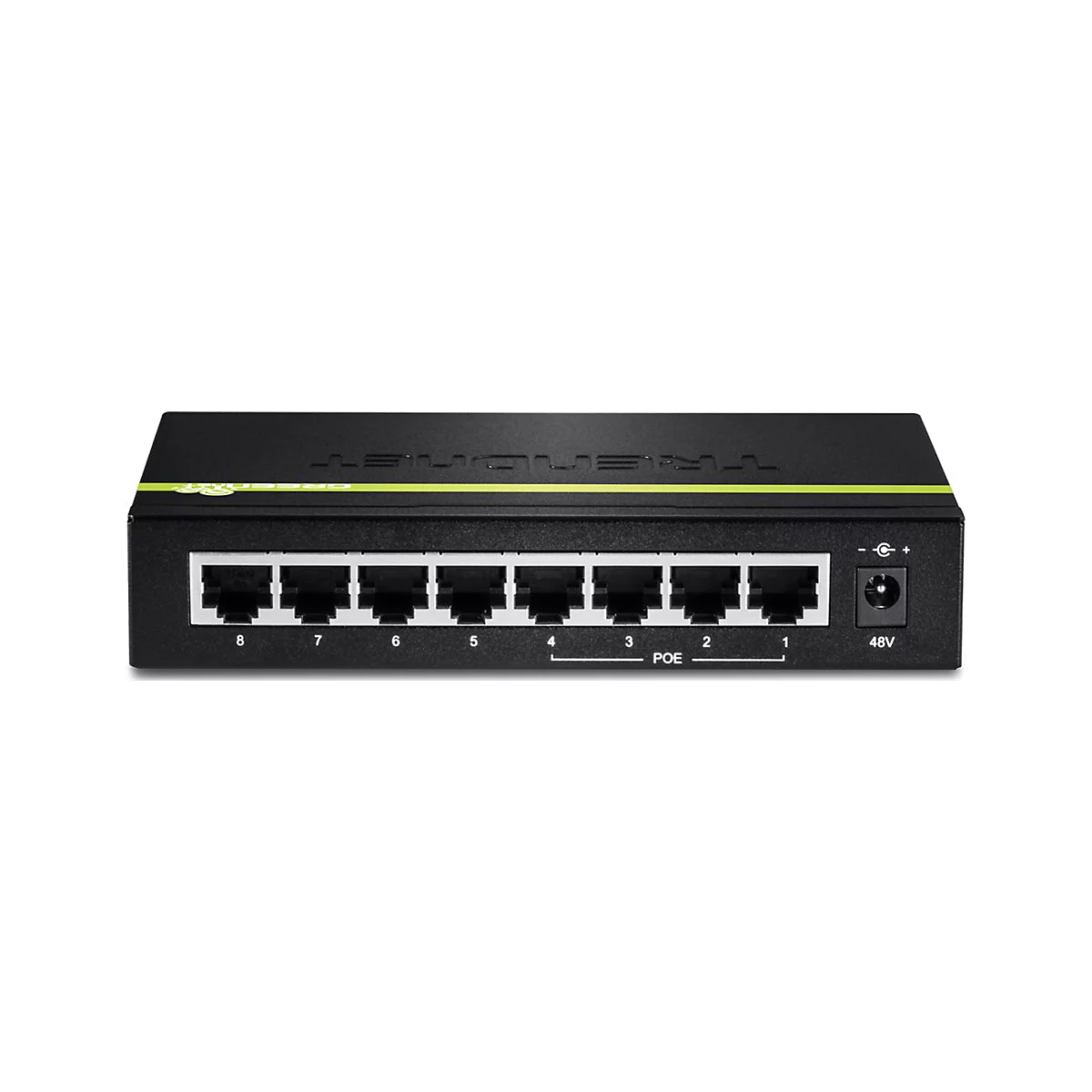 Schwarzer Netzwerk-Switch mit acht LAN-Ports, PoE-Kennzeichnung und einem 48V-Netzteilanschluss.