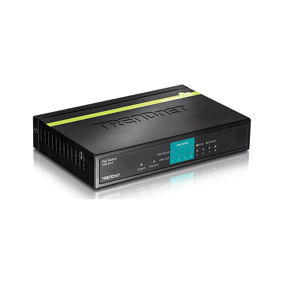 Schwarzer TRENDnet PoE-Switch TPE-S44 in Perspektive vor weißem Hintergrund.