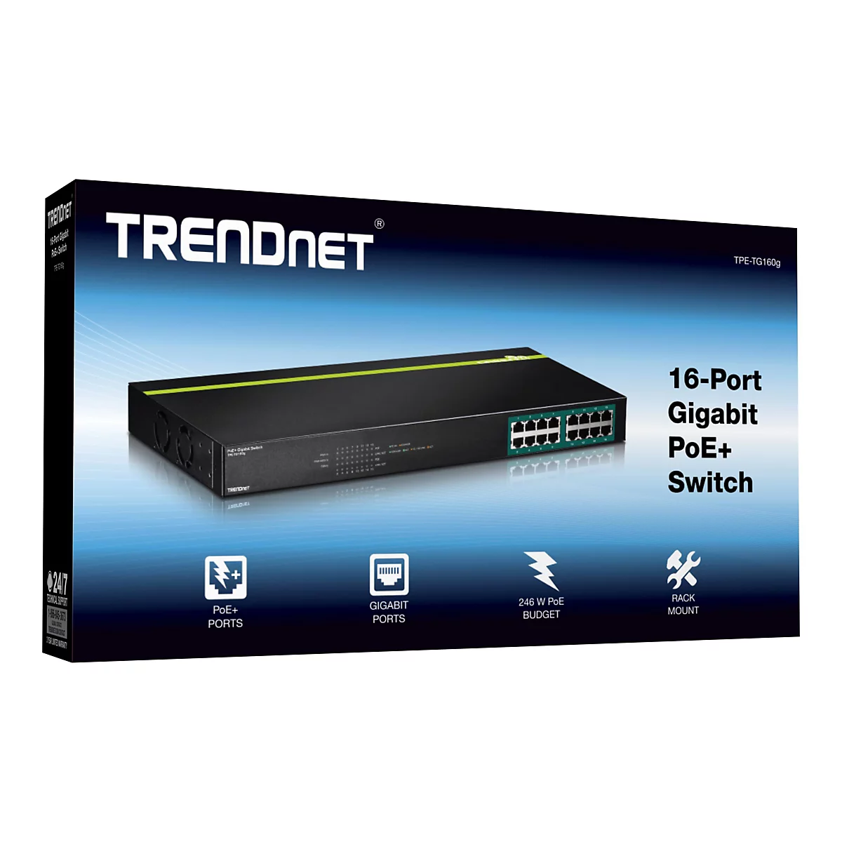TRENDnet TPE TG160G - Switch - 16 x 10/100/1000 (PoE+) - an Rack montierbar - PoE+ (246 W) - TAA-konform