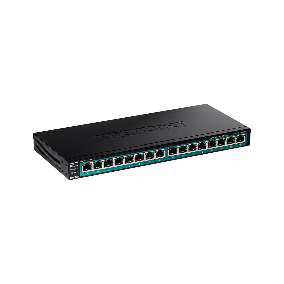 Schwarzer TRENDnet Gigabit PoE+ Switch mit 16 nummerierten Ports vor weißem Hintergrund.
