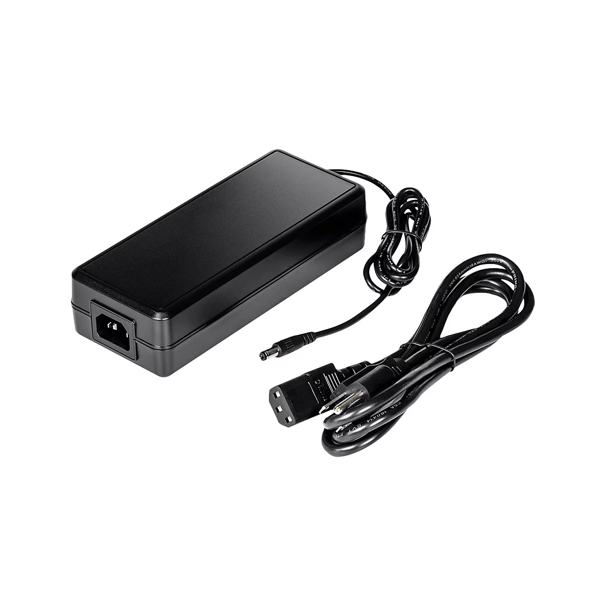 Schwarzes Netzteil mit Stromkabel und Stecker auf weißem Hintergrund.
